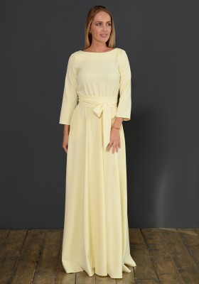 Платье в пол с поясом и длинным рукавом 5208, жёлтое 