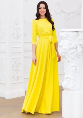 Платье в пол с поясом и длинным рукавом 5208 жёлтое 