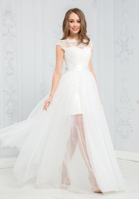 Белое платье с двухслойной юбкой разной длины, ZEK003B