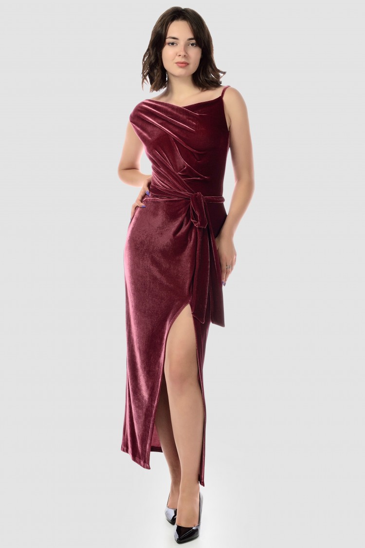 Бархатное платье длины миди с разрезом, бордо