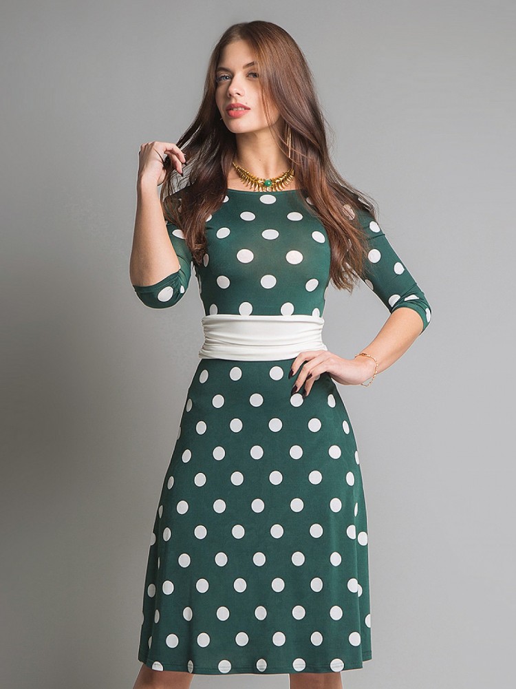 Платье CS 514/2 зеленое с белым поясом в горох