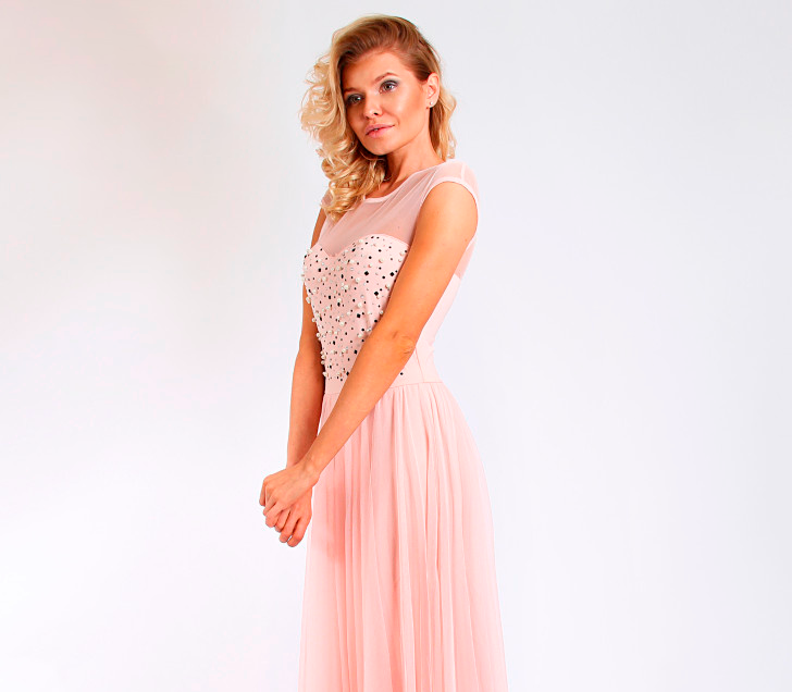Платье в пол с фатиновой юбкой, розовое