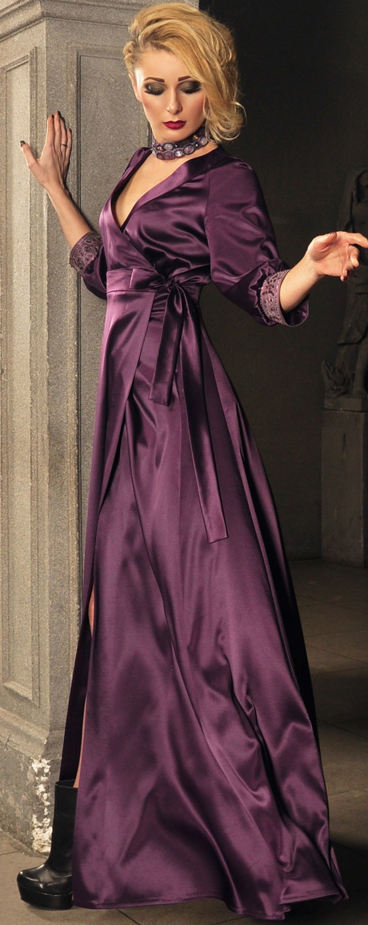 Платье П-109 Атлас+кружево Maxi фиолет