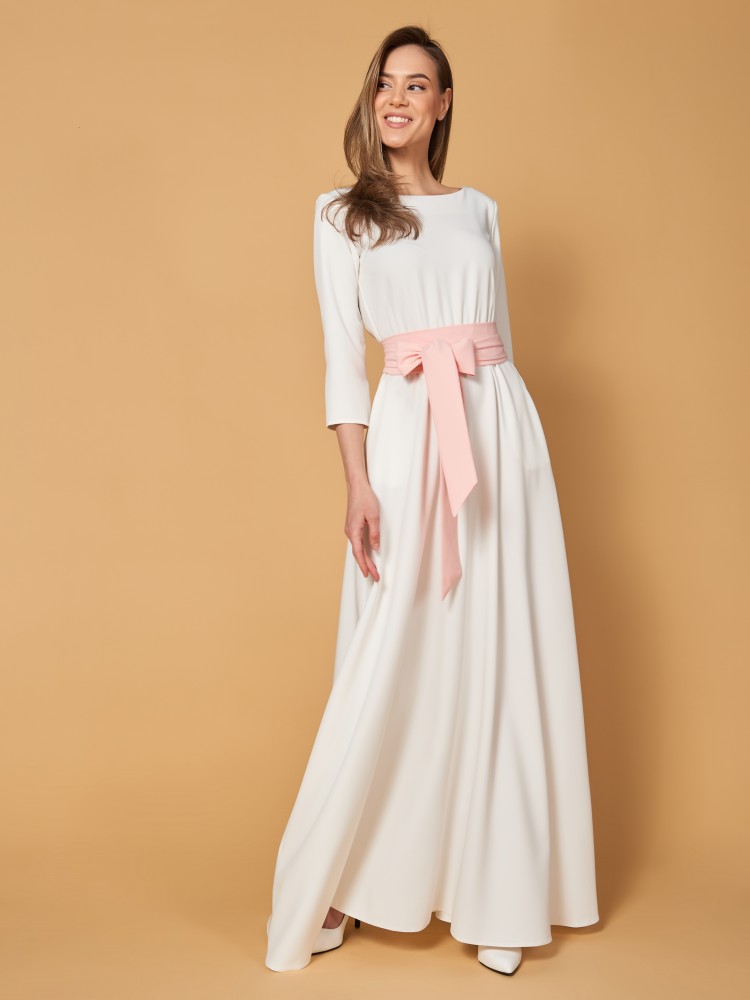 Платье в пол с поясом и длинным рукавом 5208, молочное
