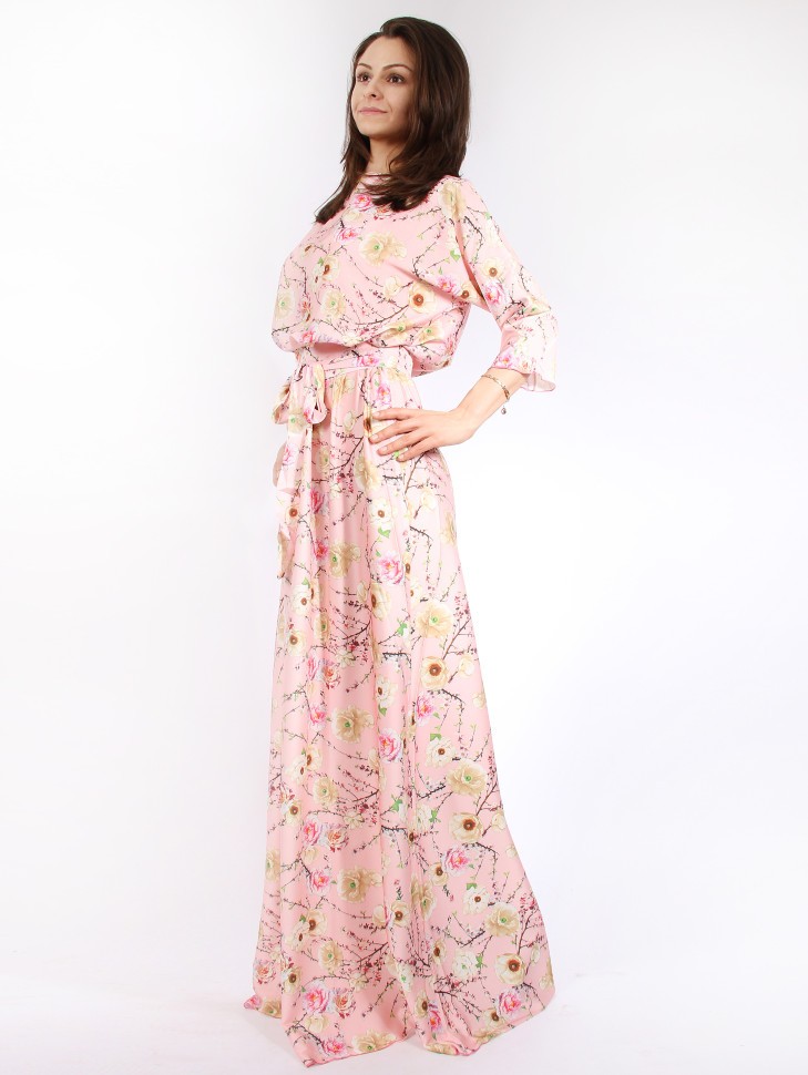 Платье в пол с поясом и длинным рукавом Emansipe 318 розовое 