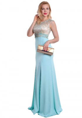 Атласное платье с кружевом и стразами  32-46 голубое
