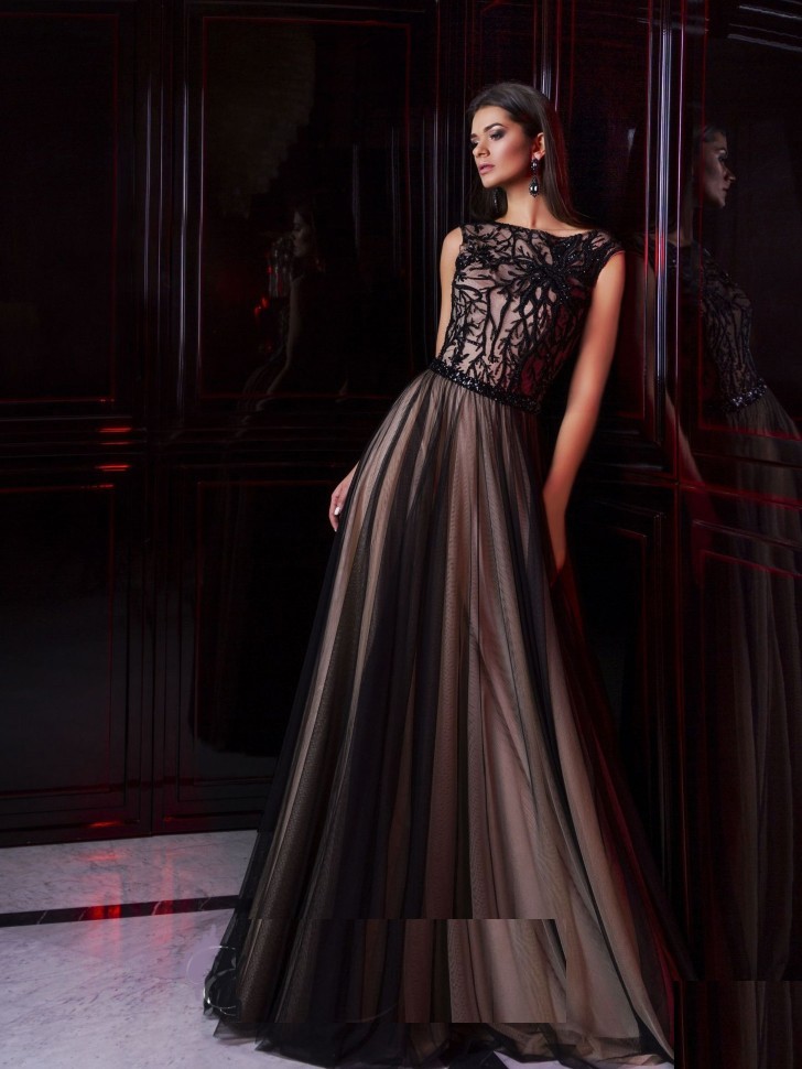 Темное платье с кружевом с верху 16226 коричневое
