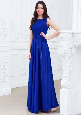 Длинное платье с поясом юбкой в складку  Eva 5214 синее