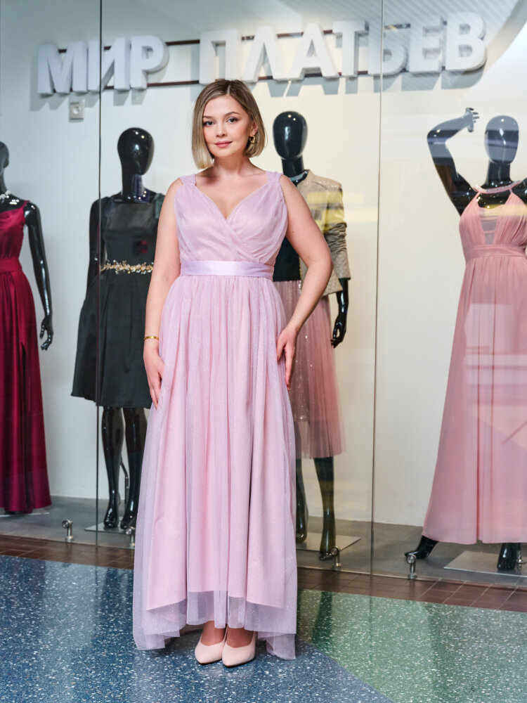 Платье с разноуровневой юбкой из атласа и блестящего фатина (Розовый)