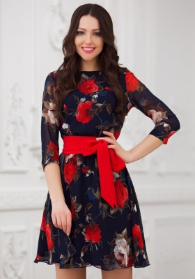 Платье с поясом длинным рукавом и юбкой солнце Eva 5221 принт роза 