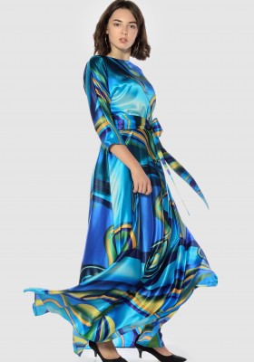 Легкое атласное платье в пол, синее/мультиколор