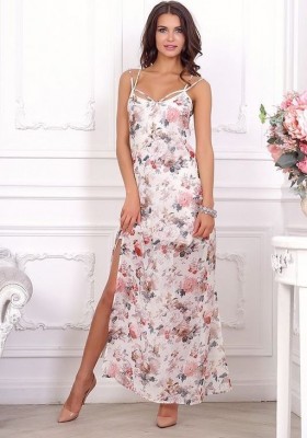 Длинное платье с разрезом без рукавов  21012 цветы на белом 
