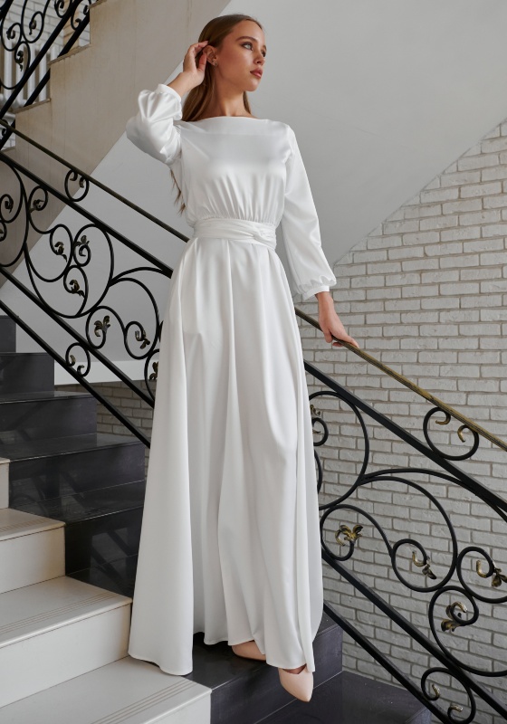 Белое платье в пол с рукавом фонарик (Агния атласное)  - Белое платье в пол с рукавом фонарик (Агния атласное) 